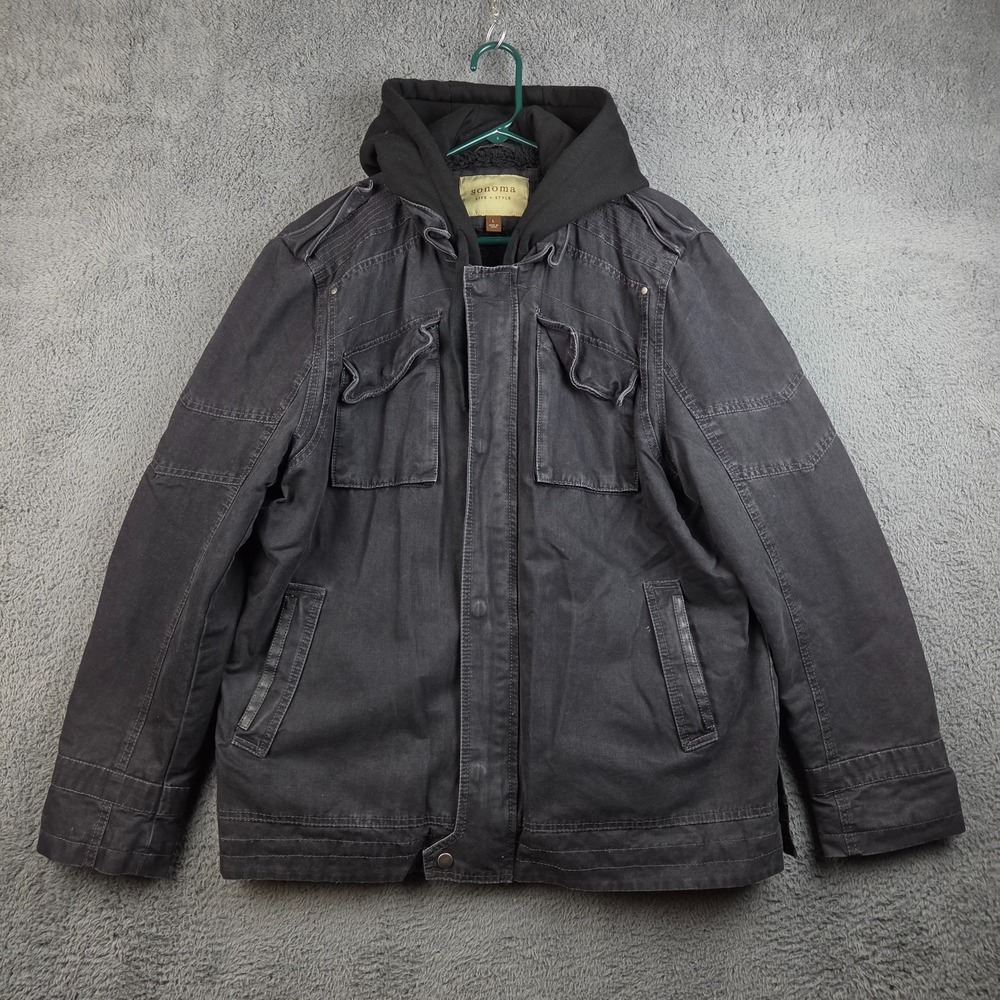 Sonoma Field Jacket Men's Large Hooded Sherpa Lined Military Black Canvas